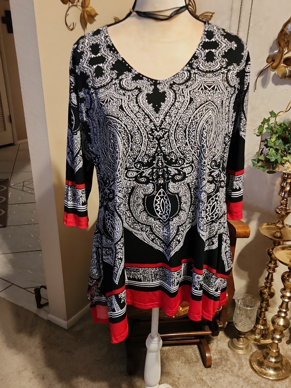 Valentina Black and White Paisley Tunic with Red Trim